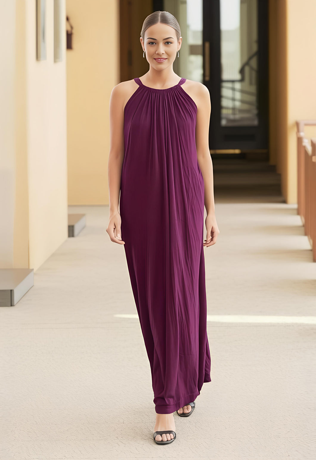 Maxi dress with halter style bow-tie closure